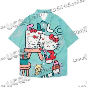 ฤดูร้อนใหม่ Hello Kitty ฮาวายเสื้อแขนสั้นผู้ชายลําลองผู้หญิงปุ่มเสื้อ Tops