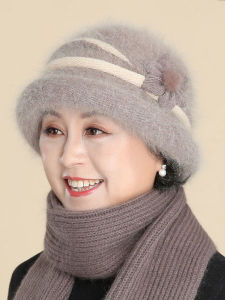 SHIPAILUO | Warm Knitted Hat For Elderly Women Winter Cap Stylish Round Top Short Brim Travel Suitable Rabbit Fur Blend Non-fading Color