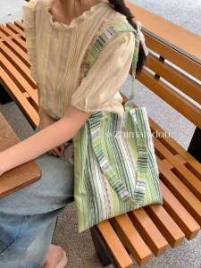 Summer Gradient Tassel Canvas Bag Vertical Stripes Colorful Dot Large Capacity Canvas Bag Small Size Single Shoulder Bag