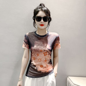 REHIN เสื้อยืดคอกลมผ้าตาข่ายแขนดอกไม้พิมพ์สั้นแฟชั่นผู้หญิงทรงสลิมฟิตสง่างาม บอดี้สูทหญิง