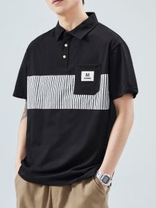 Fashion Brand Short Sleeve Polo Shirt Mens Lapel Summer New Arrival Trendy Patchwork Handsome Sweatshirt Stripes T-shirt Pocket Top