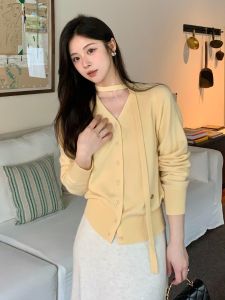 YUFUQING | Elegant French Style V-Neck Sash Knitwear Women Early Autumn New High-End Slimming Stylish Open Cardigan Top