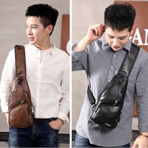 Men Sling Bag Chest Shoulder Backpack Cross Body Purse Anti Theft with USB Port PU Leather Retro Chest Bag