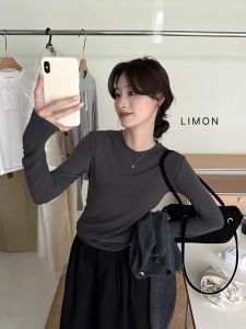 Grey round Neck Long Sleeve Base Shirt Womens Spring Autumn New Soft Slim Fit Inner Wear T-Shirt Commute Korean Style