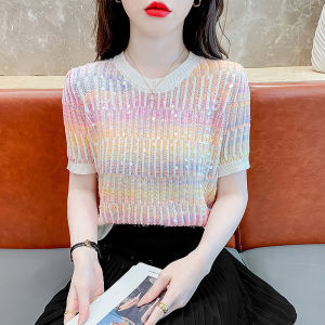 YIGE Fashionable sequin small fragrance style colorful vertical stripe short sleeved knitted T-shirt 2025 summer new versatile ice silk rainbow top