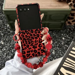 Ốp Điện Thoại Bằng Da PU In Họa Tiết Da Báo Có Dây Đeo Tay Đính Hạt Cho Samsung Galaxy Z Flip Chống Sốc Bảo Vệ Toàn Diện Vỏ Bản Lề
