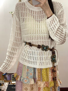 Áo Len Dệt Kim Màu Trắng Mỏng Mùa Hè Cho Nữ Áo Khoác Mềm Mại Thoáng Khí Thoải Mái Áo Dài Tay Cổ Tròn Dáng Rộng