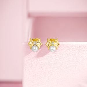 ZHOU LIU FU 周六福 S925 Sterling Silver Pearl Earrings Bow Studs Earrings Cubic Zircon 18K Gold Plated Hypoallergenic Earring for Women Girl birthday J0915232 J0915233