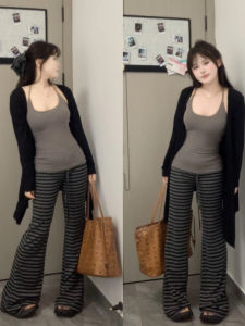 Quần Ống Rộng Lưng Cao Cho Nữ Ống Loe Họa Tiết Sọc Đen Xám Có Dây Rút Quần Dài Thường Ngày Cạp Cao Ôm Sát Tôn Dáng