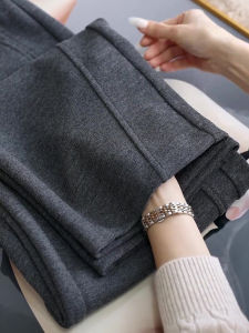 Elegant Cashmere Wide Leg Pants Womens Autumn Winter Thickened Slim Fit Fleece Lined Knife Edge Grey Ladies Trousers