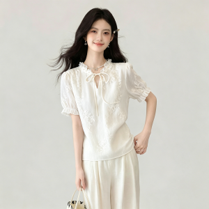 puella | Detailed Bow Tie Beaded Lace Stitched Chiffon Blouse