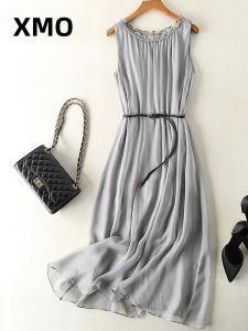 XMO | Solid Elegant Sleeveless Silk Waist-Shaping Long Dress