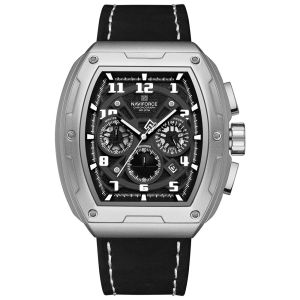 NAVIFORCE 8053 Fashion Leisure Sport Waterproof Men Quartz Writswatch Date Luminous Pointer Leather Strap Zinc Alloy Case Barrel Shape Dial Design Man Chronograph