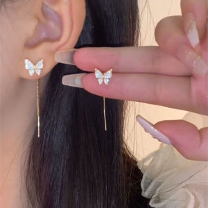 Lucky Pretty Hot Sale Butterfly Long Linear Dangle Studs Drop Earrings Tassel Chain Dangler For Women Elegant Fairy Earrings Aesthetic Fashion Jewelry Accessories Gifts