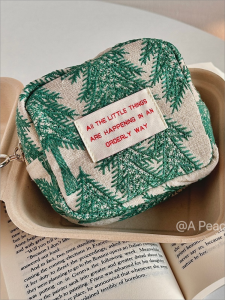 ปักพีช Pine Tree ผู้ถือบัตรผ้าฝ้ายซิปกระเป๋าแต่งหน้าขนาดเล็กกระเป๋าคลัทช์นุ่มสําหรับเยาวชนสบายๆ