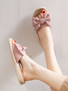 รองเท้าแตะผ้าลินินลายสก็อตสำหรับผู้หญิงในช่วงฤดูใบไม้ผลิ รองเท้าแตะแบบสวมในบ้าน กันลื่น พื้นหนา รองเท้าแตะแบบสวมสำหรับใช้ในบ้าน