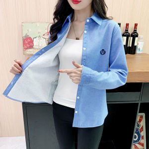 Womens Fleece Lined Thick Long Sleeve Shirt Korean Style Integrated Velvet Warm Base Layer Polo Collar Single Button Closure
