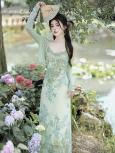 New Chinese Style Zen Inspired Two-Piece Set Dress Spring Summer New Watercolor Painting Strapless Dress Outer Cardigan