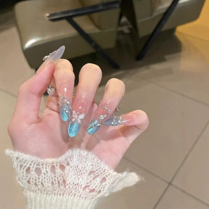Iceberg Butterfly Handmade Wearable Nails Ice Transparent Sparkling Twin Blue Purple Butterfly Cat Eye High End Whitening Nail Art