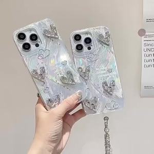 Ốp Lưng Vải Lông Vũ Bạc Xếp Ly Dây Đeo Tay Hình Trái Tim Cho iPhone 16 Pro Max 15 14 13 12 11 Pro Max XR Đơn Giản Chống Sốc Bảo Vệ