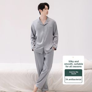 MiiOW | Mens Ice Silk Sleepwear Long Sleeve Long Pants Home Clothes Set Lightweight Summer New Arrival MiiOW Cat Man Simple Style