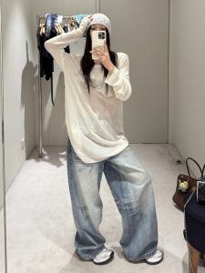 กางเกงยีนส์ขากว้างเอวสูง ทรงหลวม ทรงตรง ยาวถึงพื้น กางเกงขายาวทรงหลวมสไตล์อเมริกันสำหรับฤดูร้อน กางเกงยีนส์ทรงหลวมสำหรับผู้หญิง