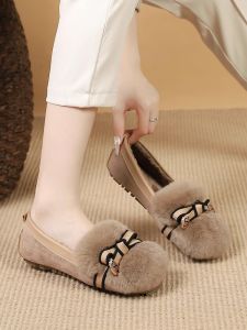 Womens Winter Flat Fur Slippers Rabbit Fur Fleece Lined Bean Bean Shoes Large Size 41 to 43 Korean Style Butterfly Knot