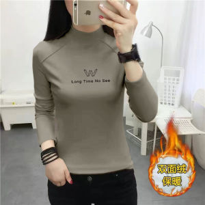 Double-Sided Velvet Long Sleeve T-Shirt Fashionable Quilted Half-High Collar Base Layer Top for Autumn plus Size Slimming