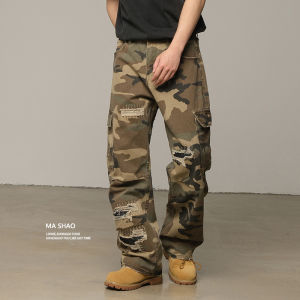 Ripped Patchwork Embroidered Camouflage Denim Work Trousers Mens Loose Straight Leg Casual Pants Autumn 2025 New Style