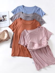 With Chest Pad T-Shirt Womens Modal Short-Sleeved Summer Cup Integrated Bra-Free Casual Womens Summer Bottoming Shirt Tops