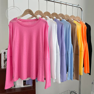 Slimming Effect Loose Fit Long Sleeve round Neck T-Shirt Shoulder Bared Sun Protection Shirt Casual Top Women Summer 2024