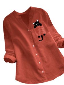 Oversized Long-Sleeved Cat Print Shirt Street Style Loose Fit Mid to Long Length for 18-24 Birthday Party Womens Fashion