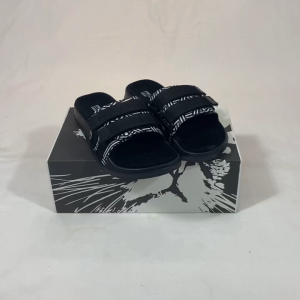 Mikihas WalkaWood - Sandal Slide Pria Kulit Hitam Motif - Insole Kulit Suede