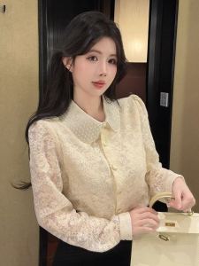 เสื้อเชิ้ตคอปกบานเย็บสไตล์ฝรั่งเศสหรูหราสำหรับผู้หญิง เสื้อเชิ้ตแขนยาวทรงสลิมฟิตสำหรับฤดูใบไม้ร่วงและฤดูหนาว