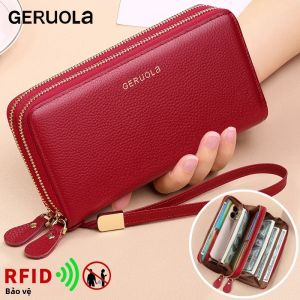 Ví Da Thật GERUOLA Dành Cho Nam Và Nữ Có Dây Đeo Cổ Tay Chống Trộm Ngăn Chặn RFID Có Ngăn Đựng Tiền Xu Có Khóa Kéo & Ngăn Đựng Thẻ Tín Dụng