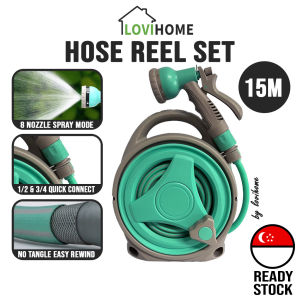 15M Hose Reel Set Compact Water Hose Reel Spray Gun Gardening Plant Watering Pet Cleaning Car Wash Clean Aircon Ledge