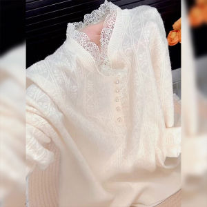 Lace Splice Half Open Collar Pearl Button Knitwear Loose Style Womens Long Sleeve Breathable Solid Color Autumn Winter Top