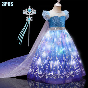 Kids Copslay Elsa LED Light Up Costume Girls Birthday Party Role Playing Princess Dress with Cape Fancy Carnival Halloween Dress