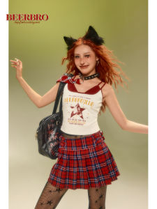 เสื้อกั๊กแขนกุดสีบล็อก BeerBro สำหรับผู้หญิง ฤดูร้อน 2024 ใหม่ สไตล์อเมริกัน วินเทจ เสื้อผ้าทำงานแขนกุดแบบลำลอง