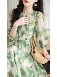  Printed Lantern Sleeve Chiffon Dress Summer High Waist A-Line Short Sleeve Long Dress round Neck Gown Commute Simple Style