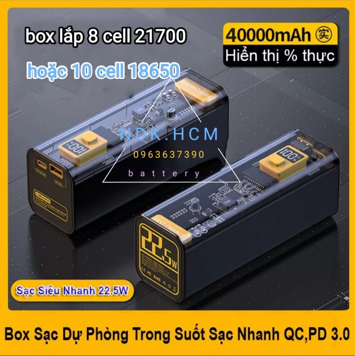 box sạc dự phòng trong suốt 8 cell 21700 sạc siêu nhanh 22.5w PD QC 4.0 ...