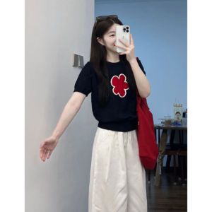 YUEZHONGWEI | Blue Round Neck Ice Silk Short Sleeve Knitted Top Womens Summer Design Sensible Small Size T-Shirt Korean Style Slim Fit Print