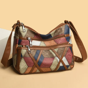 Middle-Aged and Elderly Womens Bag 2024 New Arrival Womens Soft Leather Stitching Large Capacity Shoulder Messenger Bag Middle-Aged Mother Bag