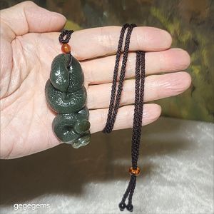 Premium Nephrite caramel brown blue green good greasiness 3 dimensional Snake Copper Coin Jade pendant (with certificate)
