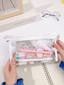 1PC Clear Zipper Pencil Case for Student Pen Storage Boxes Makeup Storage Bag Office School Organizer With Free Sticker