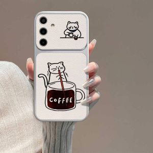 Cute Coffee Cat Case For Samsung A56 A55 S26 Ultra S25 Plus S24 FE A57 A37 A17 A27 A07 A36 A16 Leather Lanyard Shockproof Cover