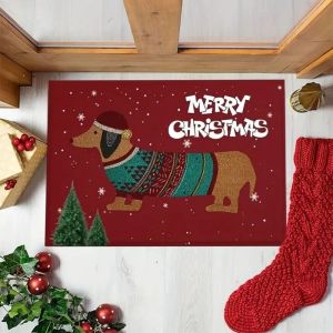 VIKAMA Christmas Door Mat Dachshund Dog Xmas Sweater Hat Tree Print Non Slip Rug For Front Door Porch Entry Holiday Decor