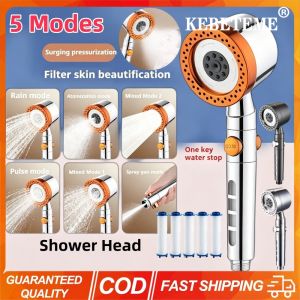 KEBETEME High Pressure Filter Shower Head 5 Spray Modes One Click Water Stop Skin Beautification Filter Handheld Shower Head with Replacement Filter Cartridges for Bathroom