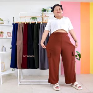 9162 กางเกง ขายาว ไซส์ใหญ่ สีพื้น ทรงคาร์โก้ เนื้อผ้าวูฟเวฟ สาวอวบ สไตล์เกาหลี แบบสายทำงาน 9162