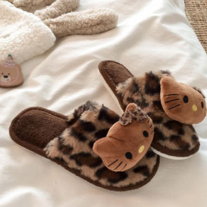 Dép Nữ Họa Tiết Da Báo Hellokitty Bằng Vải Cotton Mùa Đông Ấm Áp Dễ Thương Dép Cotton Dùng Trong Nhà Cho Nữ Dép Cotton Họa Tiết Hình Mèo